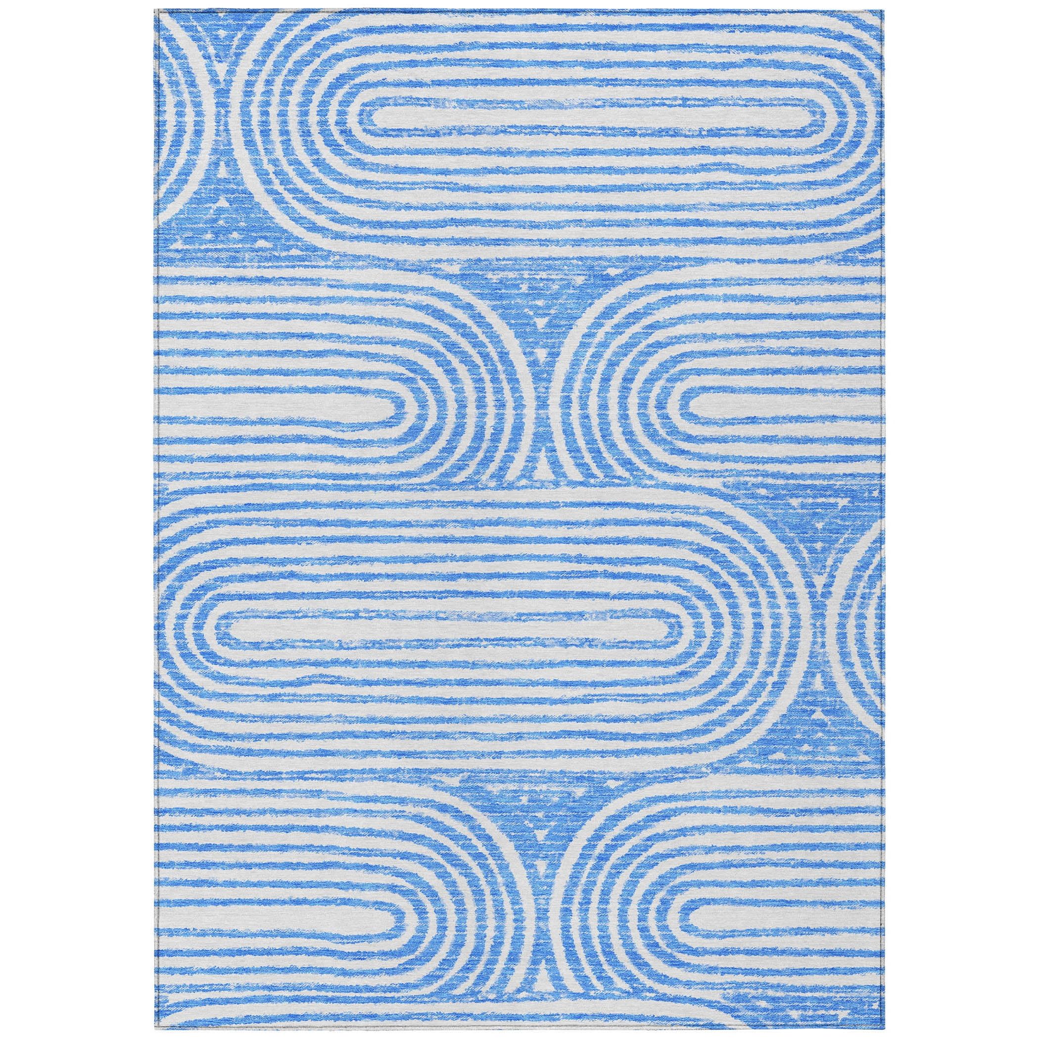 Blue and White Rectangular Machine-Washable Area Rug