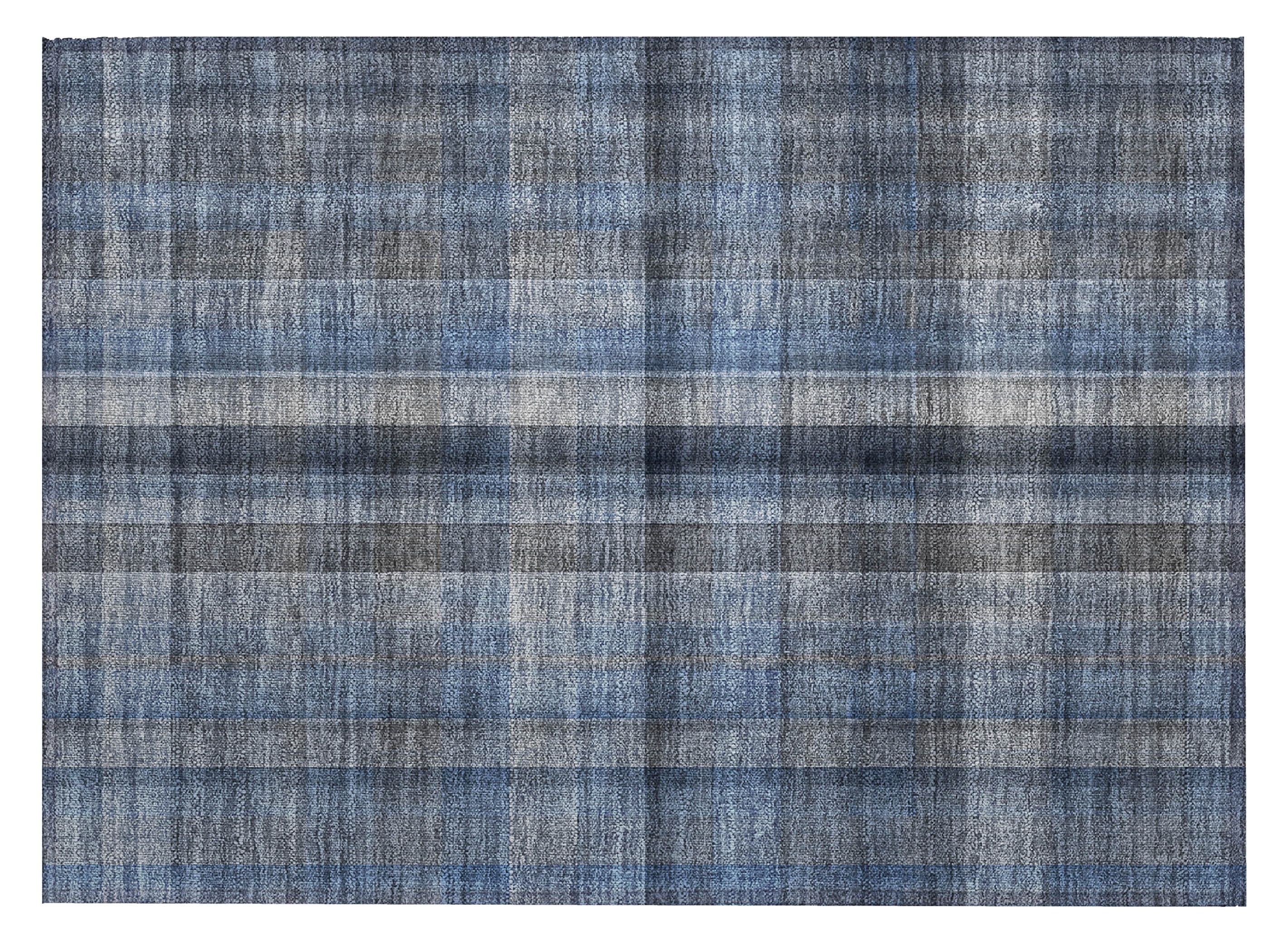 Blue Plaid Machine Washable Indoor Outdoor Rug