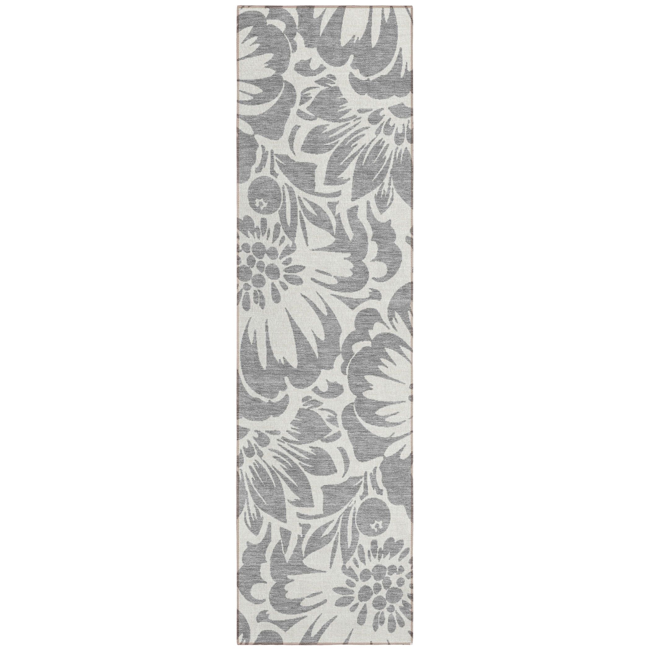 Gray Floral Machine Washable Indoor Outdoor Runner Rug