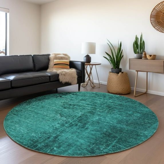 Teal Round Machine-Washable Synthetic Area Rug with Non-Skid Backing