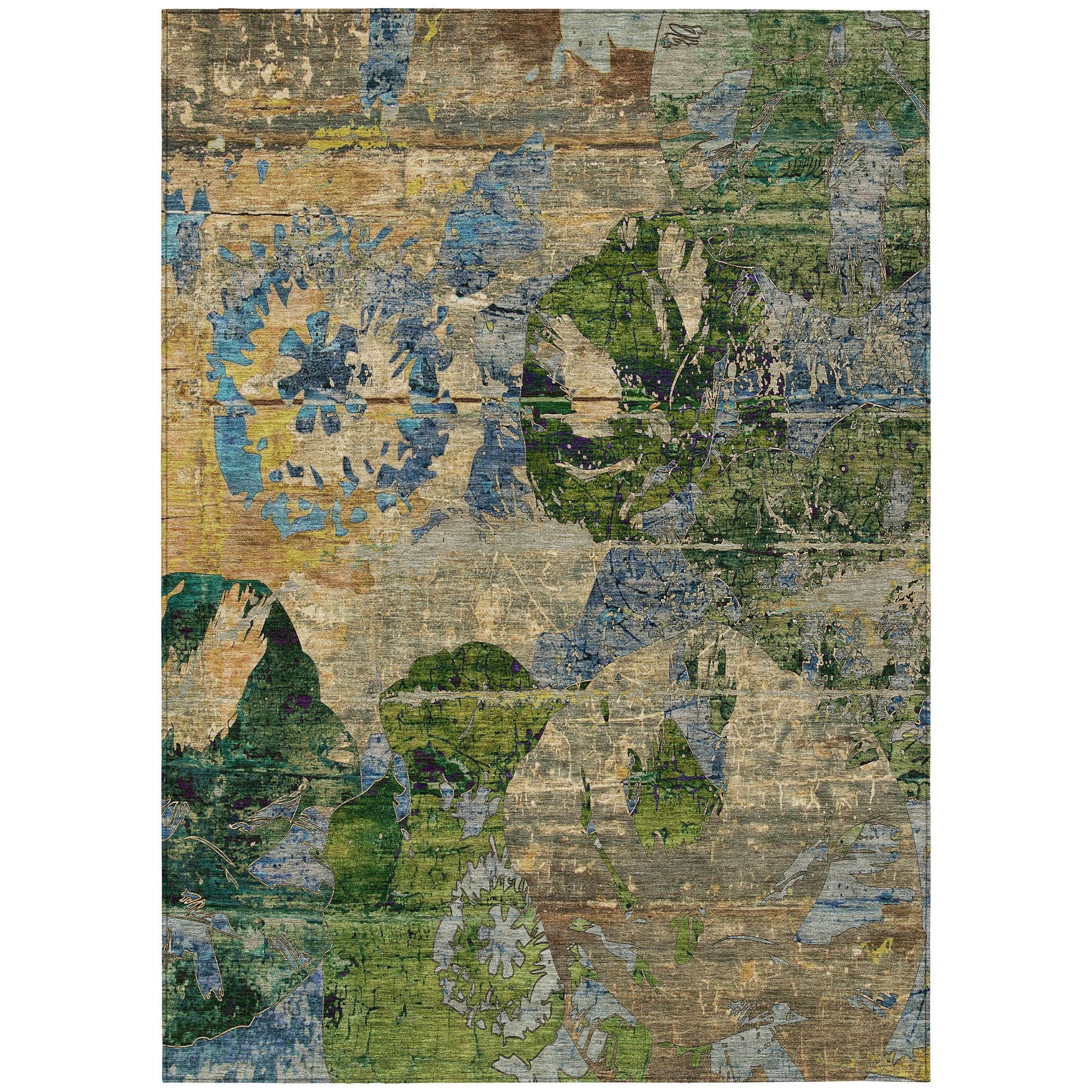 Taupe and Green Floral Synthetic 9' x 12' Washable Rug