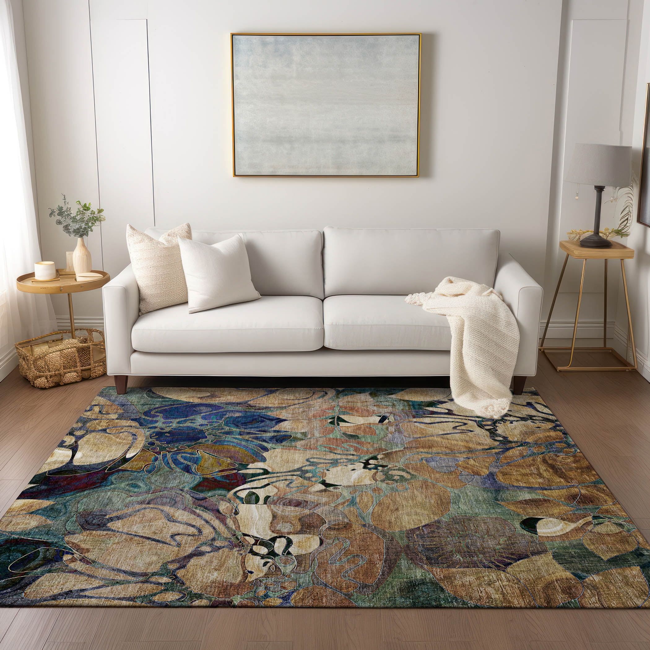 Beige and Multicolor Floral 8' x 10' Synthetic Washable Rug
