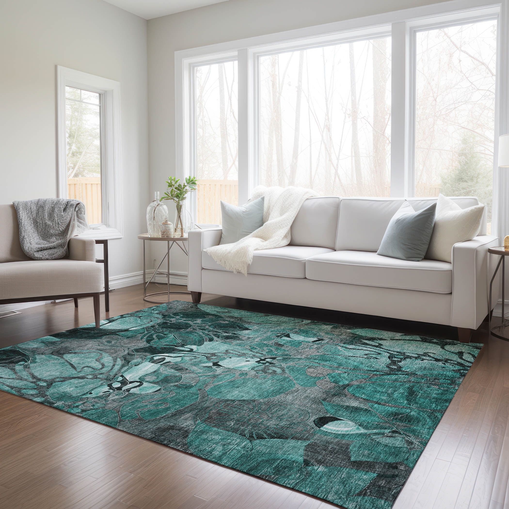 Teal Floral Synthetic Rectangular 10' x 14' Washable Area Rug
