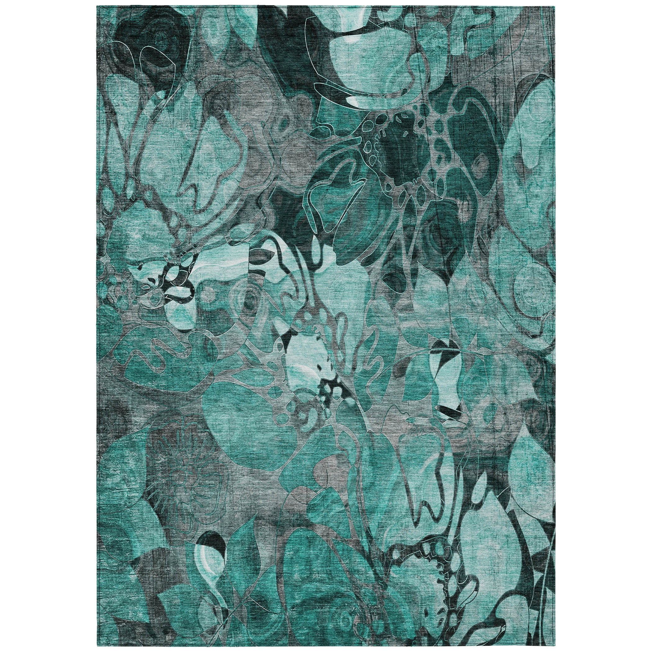 Teal Floral Rectangular Machine-Washable Synthetic Area Rug