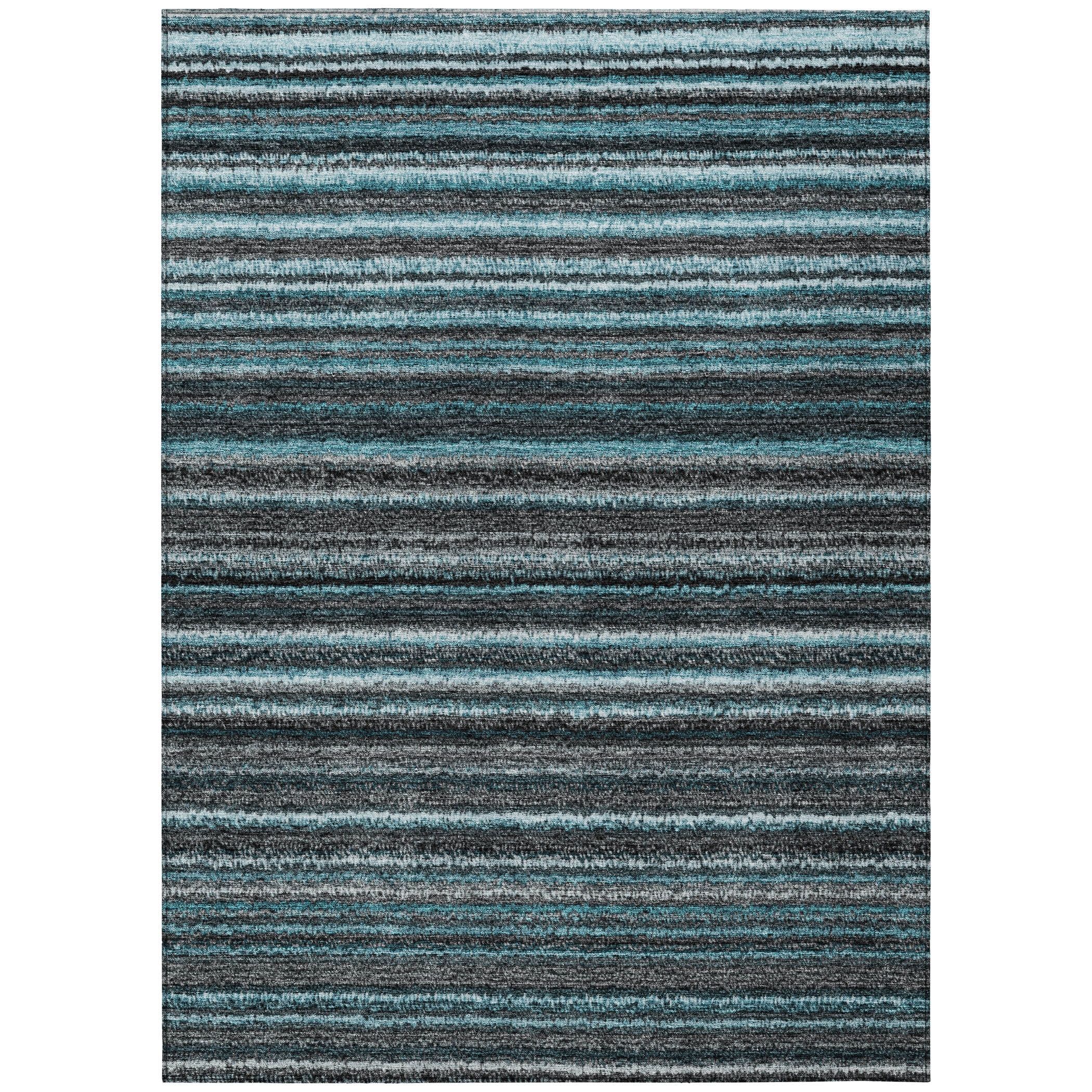 Teal and Gray Striped Synthetic Washable Area Rug