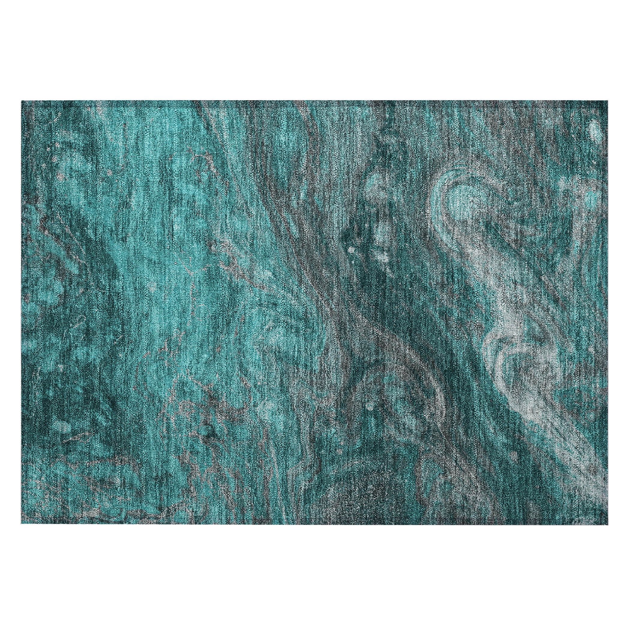 Teal Abstract Flat Woven Synthetic Washable Rug 1'8" x 2'6"