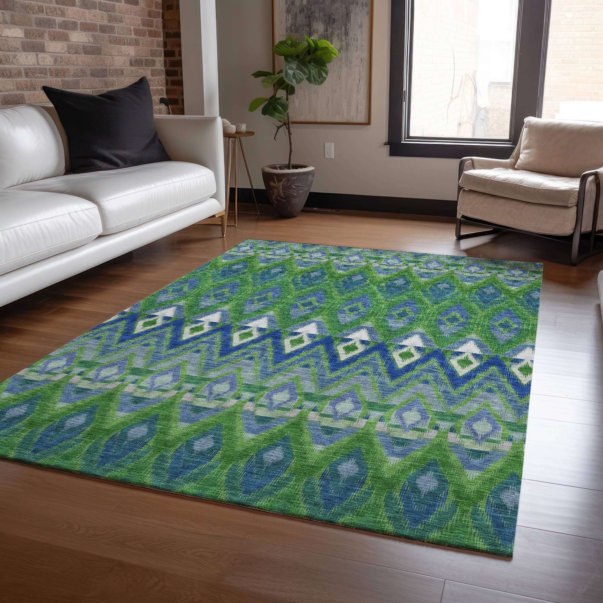 Green and Blue Chevron Pattern Washable Synthetic Rug 5' x 7'