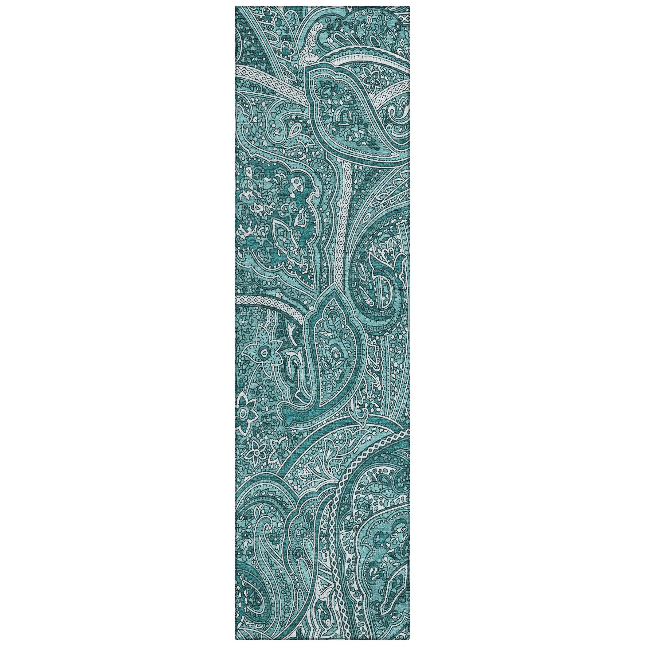 Teal Polyester Vintage Paisley Machine Washable Runner Rug