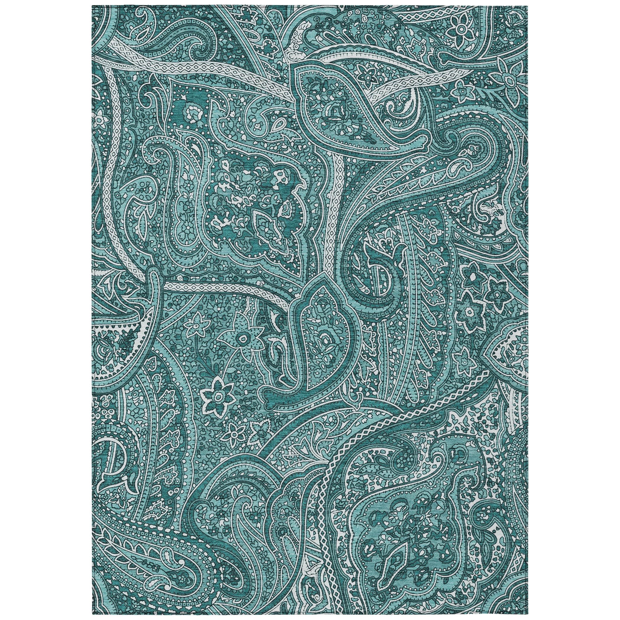 Teal Paisley Pattern Machine Washable Indoor Outdoor Rug