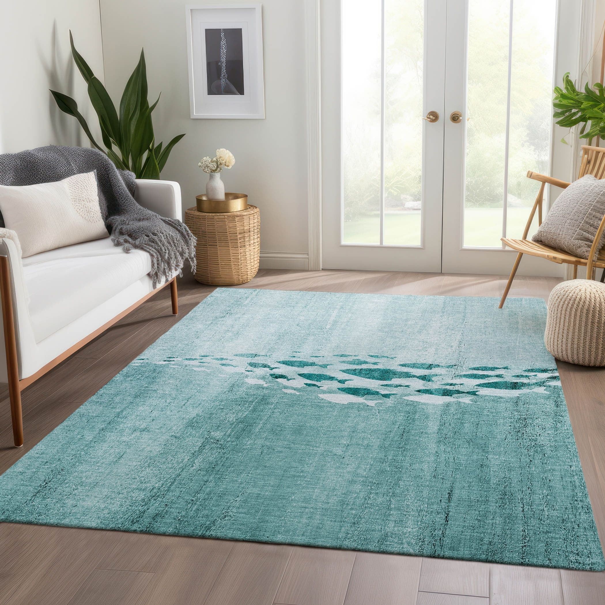 Teal Marine Life Washable Synthetic Area Rug 2'6" x 3'10"