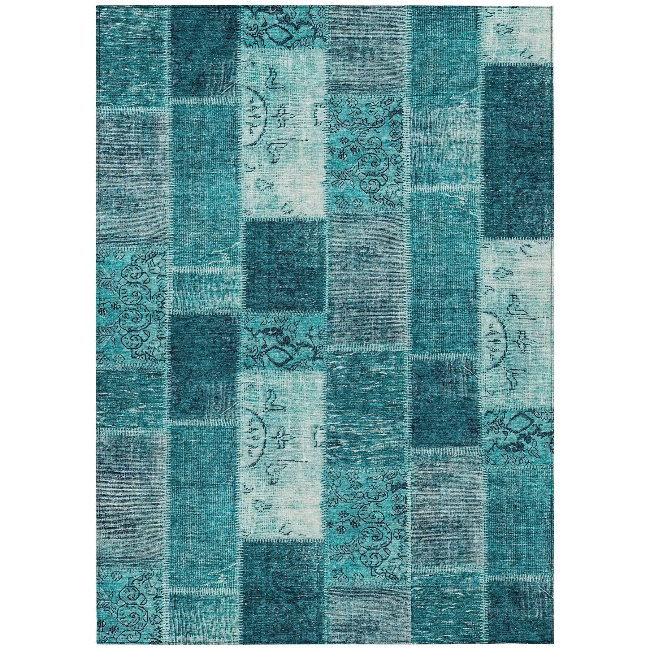 Teal Patchwork Synthetic Washable Reversible Area Rug 2'6" x 3'10"