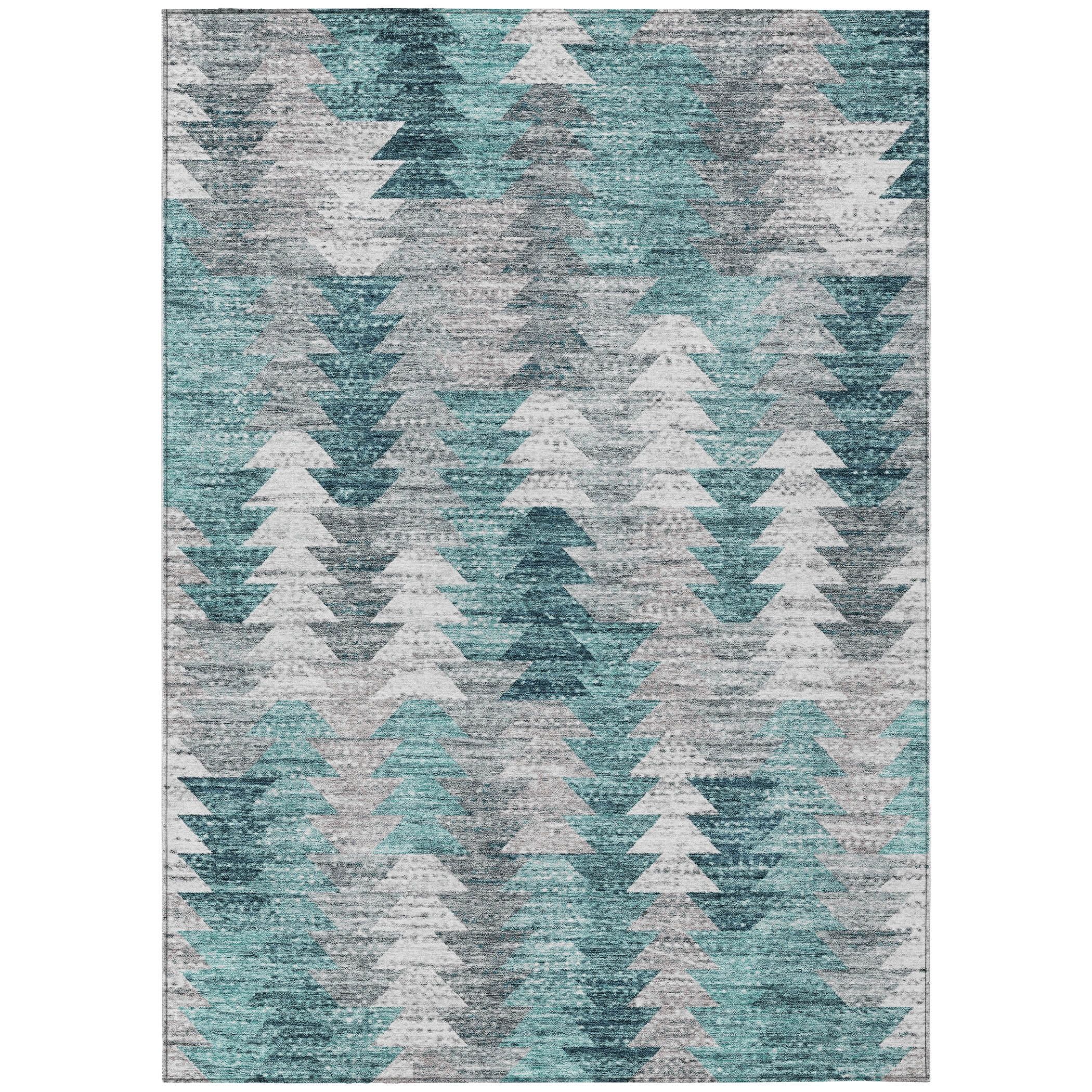 Teal and Gray Synthetic Flat Woven Washable Area Rug 3' x 5'