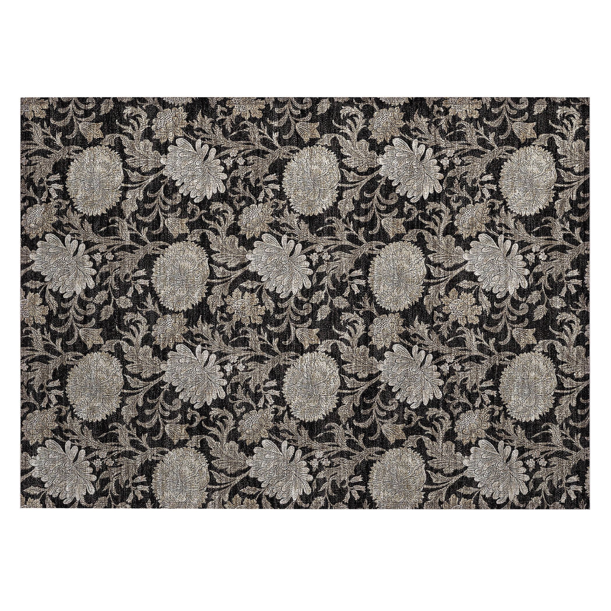 Black Floral Rectangular Machine-Washable Indoor/Outdoor Rug