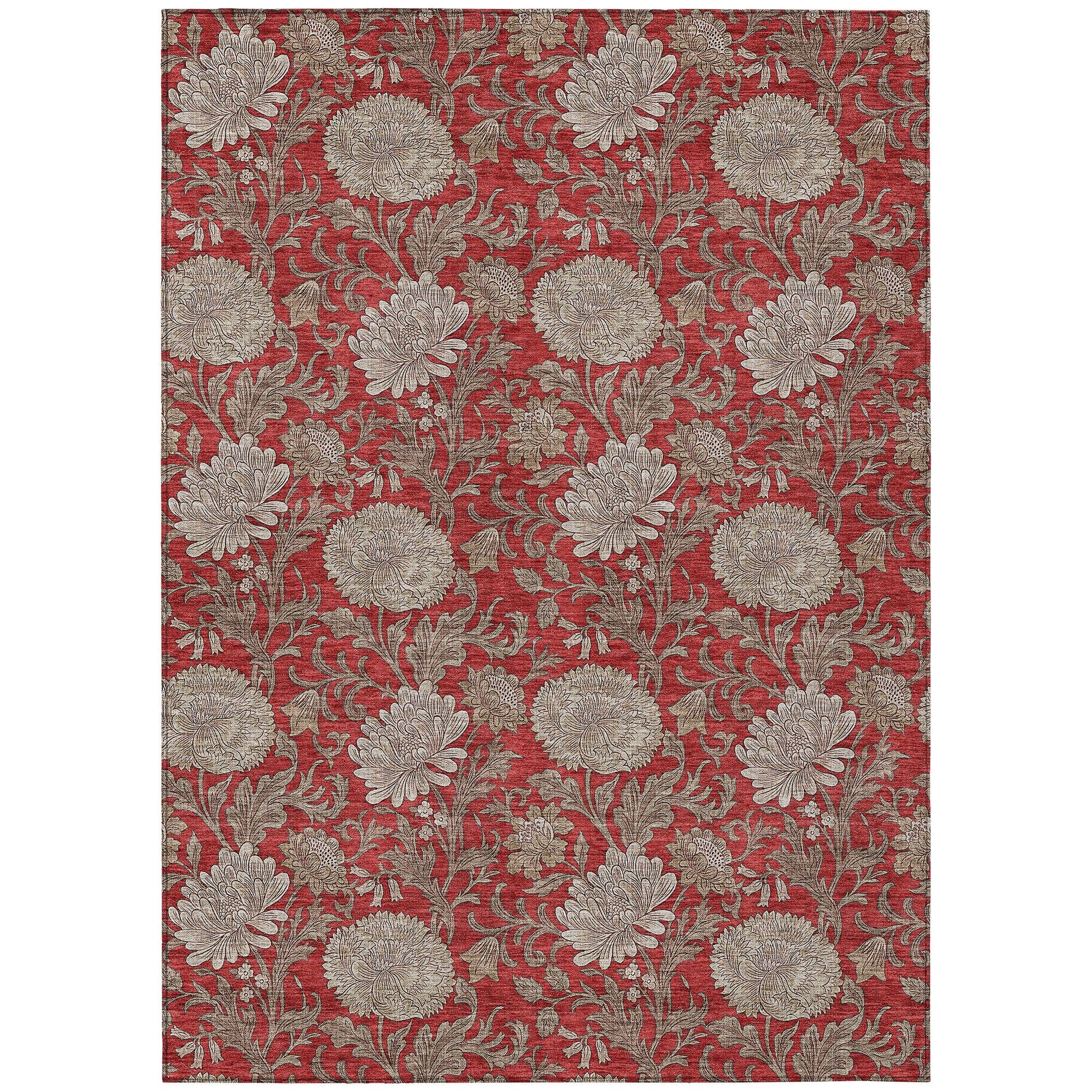 Red Floral Synthetic Rectangular Washable Kids Area Rug