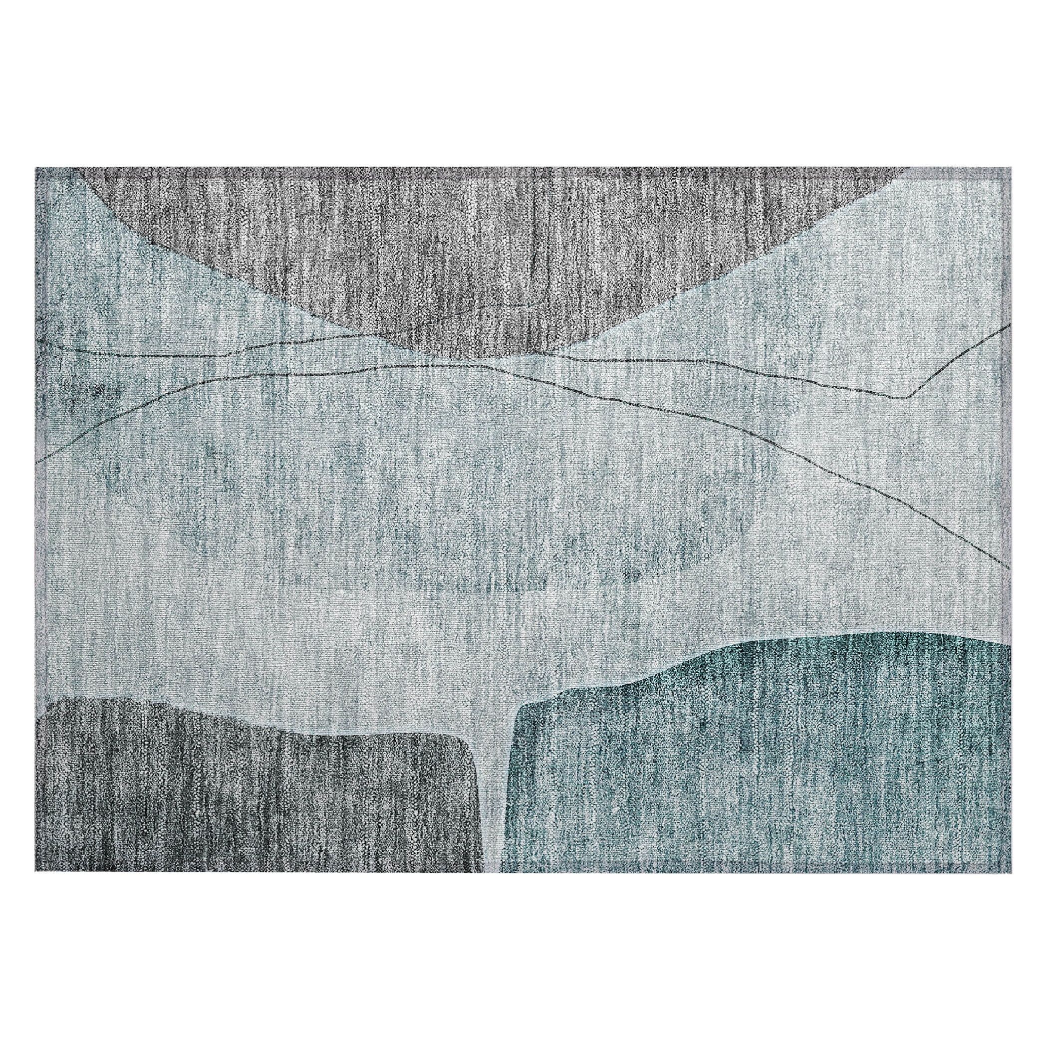 Teal and Gray Synthetic Washable Rectangular Rug 1'8" x 2'6"