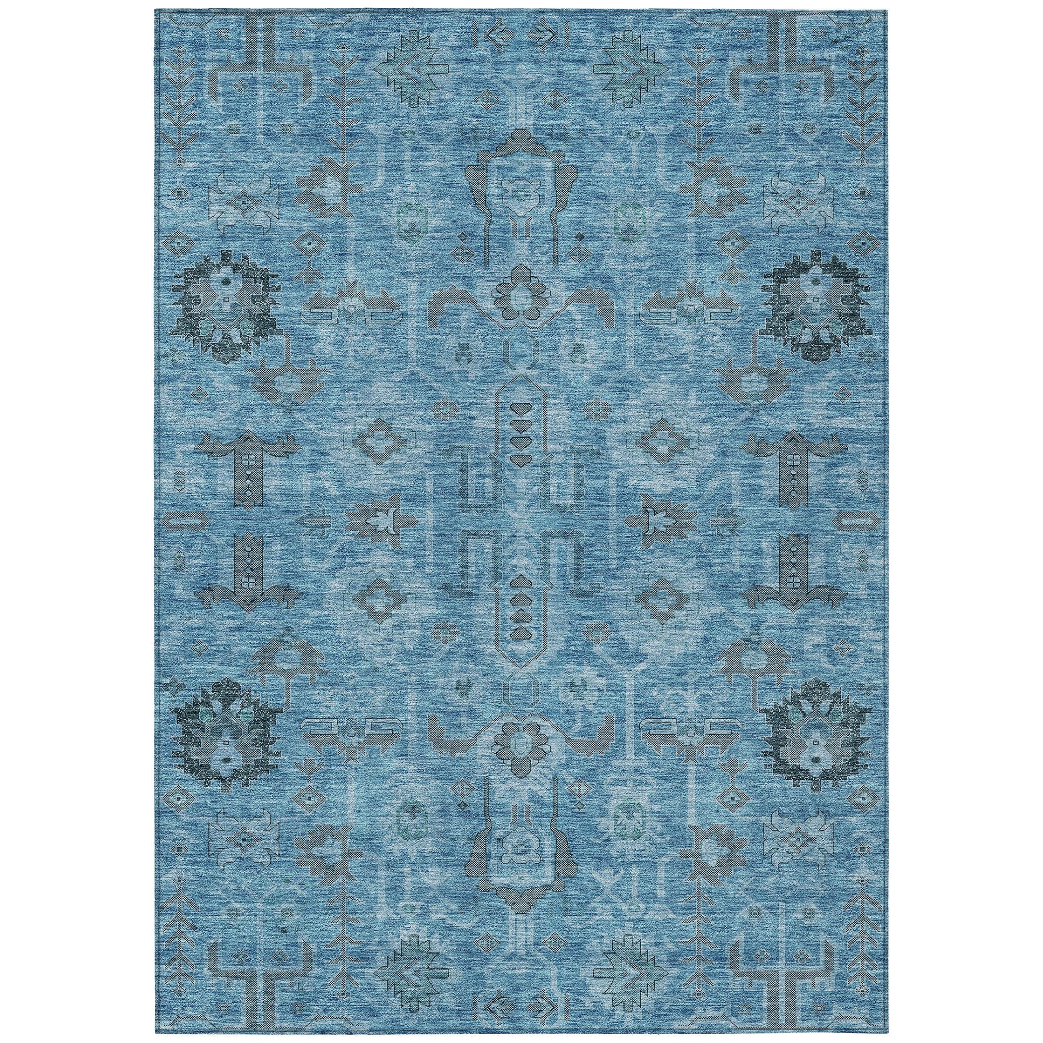 Blue Rectangular Machine-Washable Synthetic Area Rug