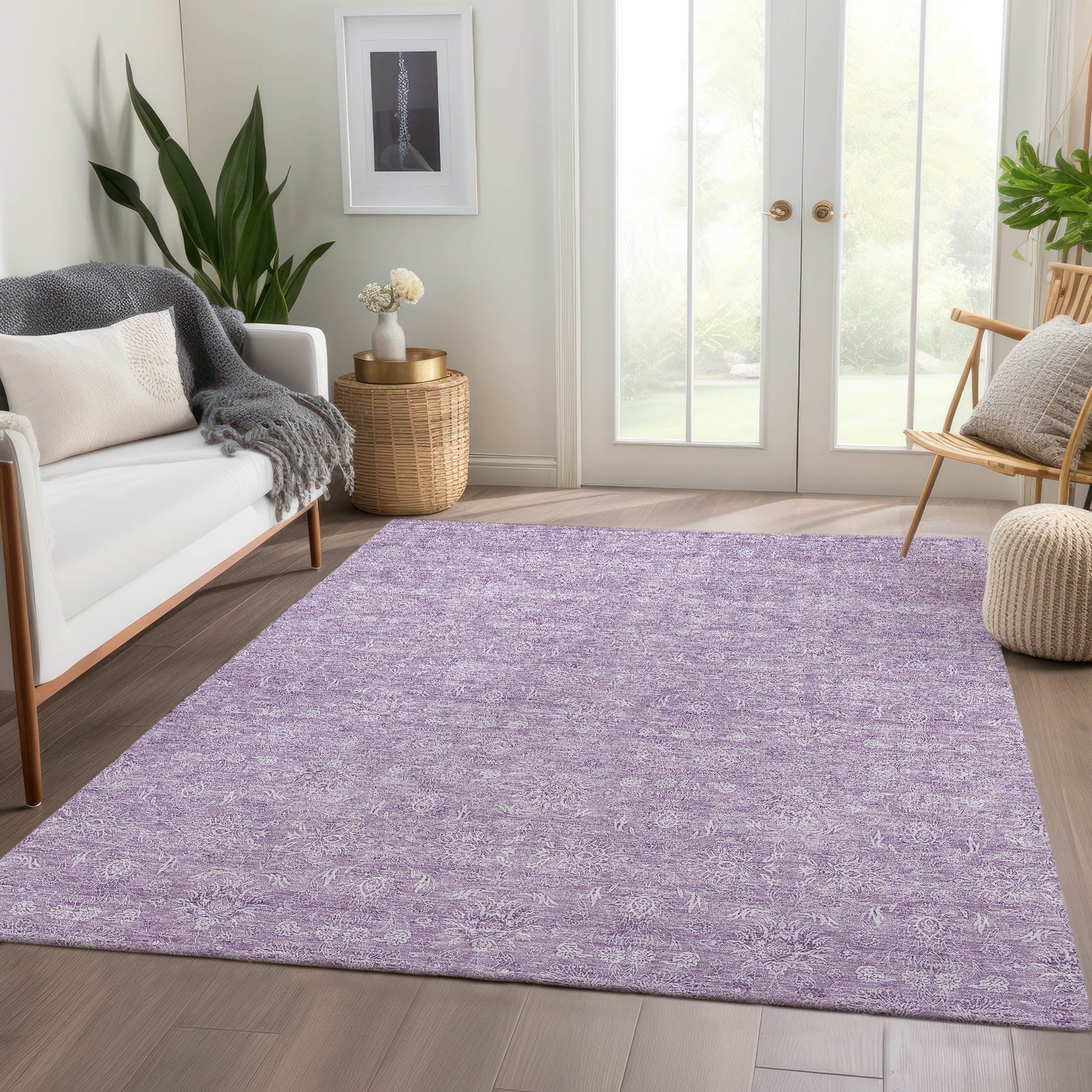 Lavender Floral Synthetic Washable Non-slip 5' x 7' Area Rug