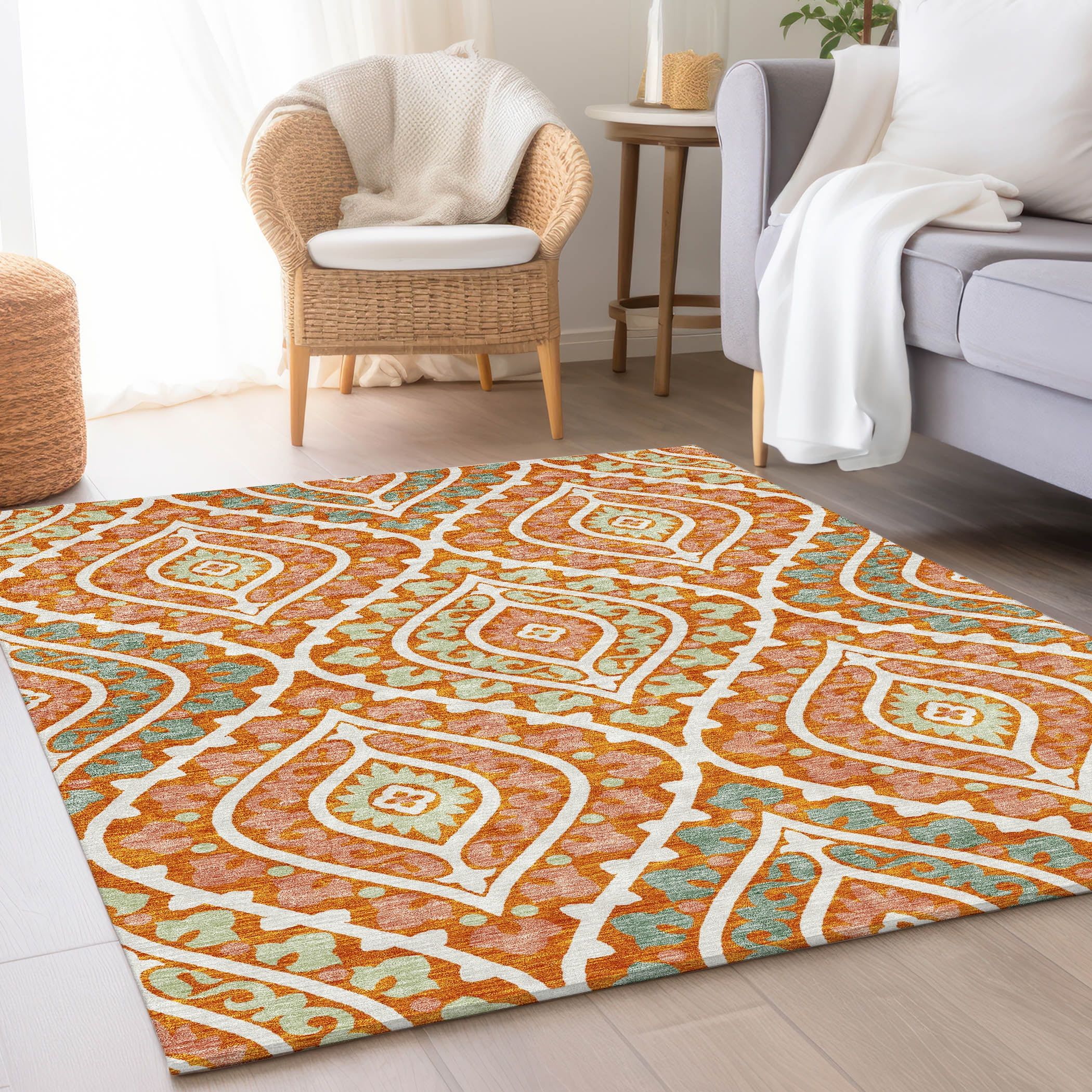 Orange Diamond Pattern Indoor/Outdoor Washable Rug 3' x 5'