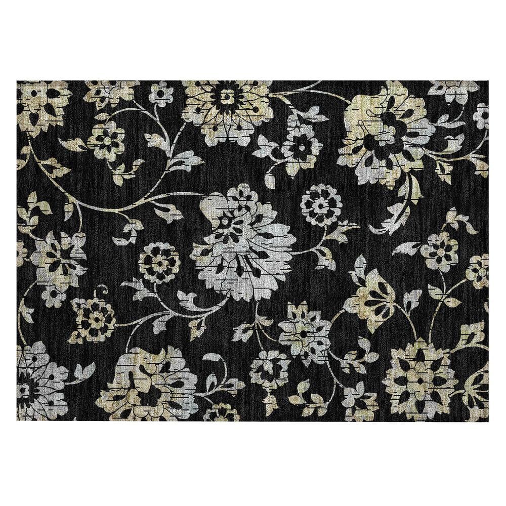 Black and Beige Floral Synthetic Washable Indoor/Outdoor Rug 10' x 14'