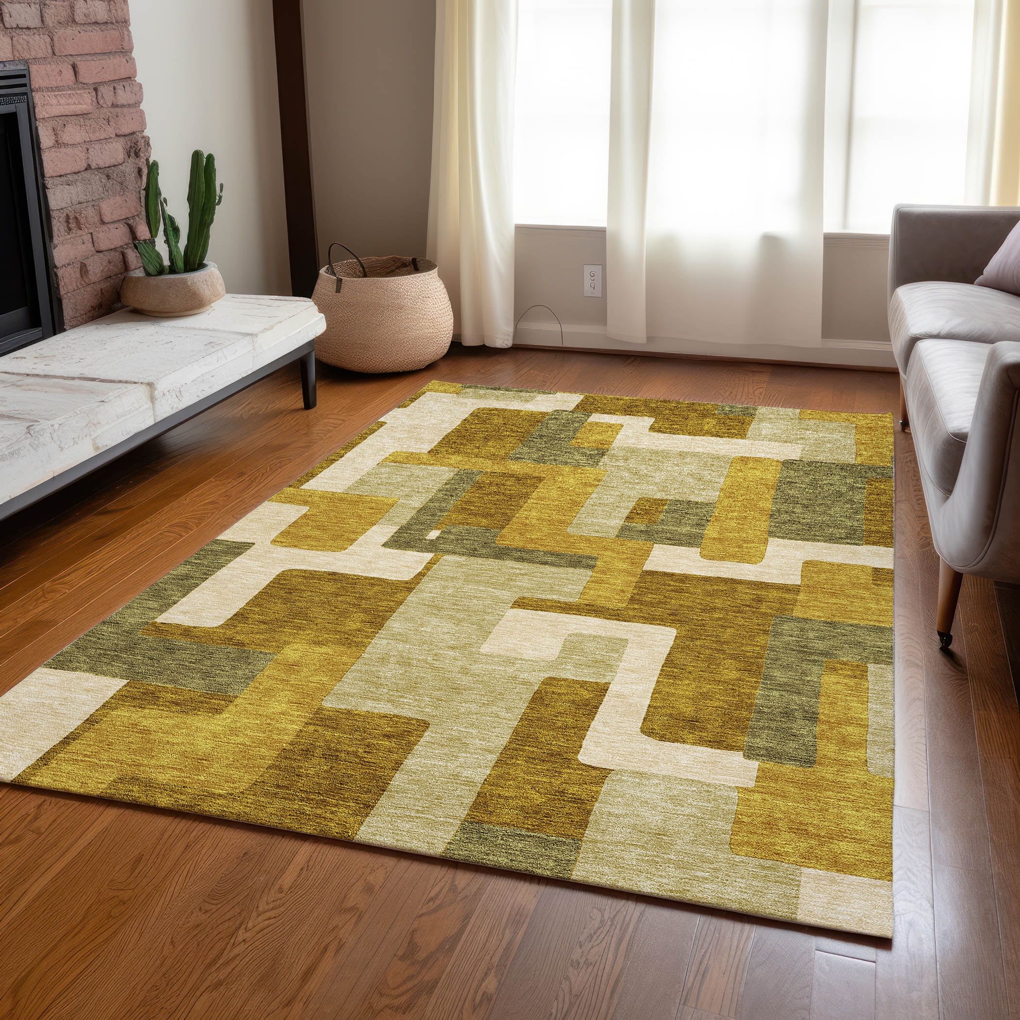 Wheat Synthetic Rectangular Washable Indoor/Outdoor Rug 3x5