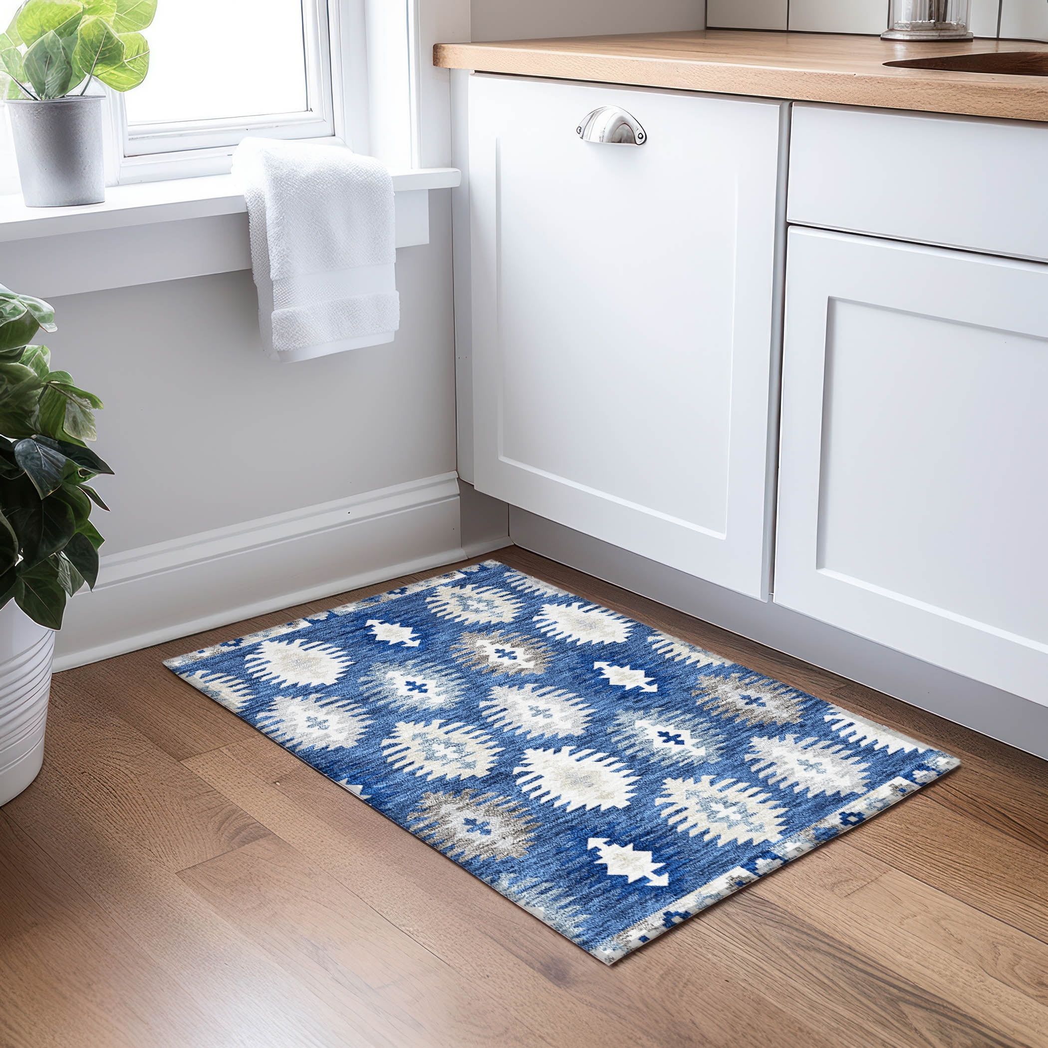 Navy and White Synthetic Flat Woven Rectangular Rug