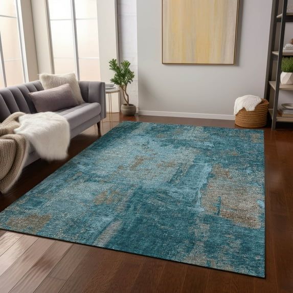 Teal Abstract Flat Woven Washable Synthetic Area Rug