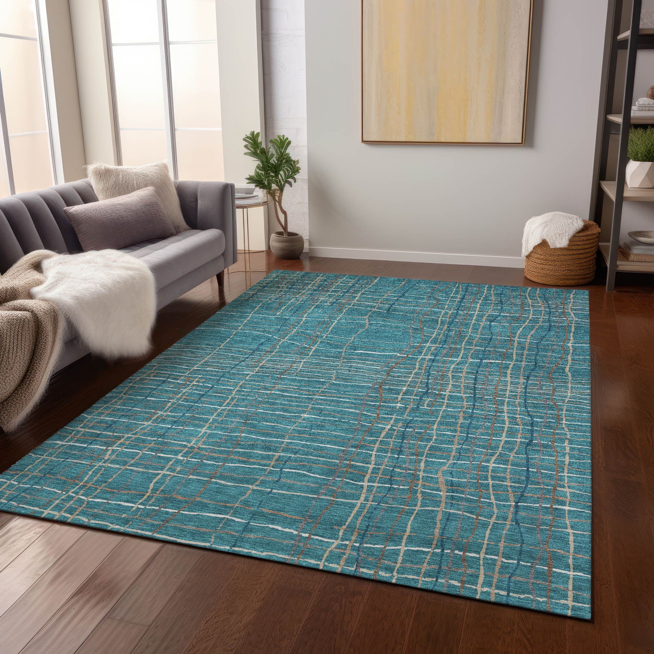 Teal Striped Flat Woven Synthetic Washable Area Rug