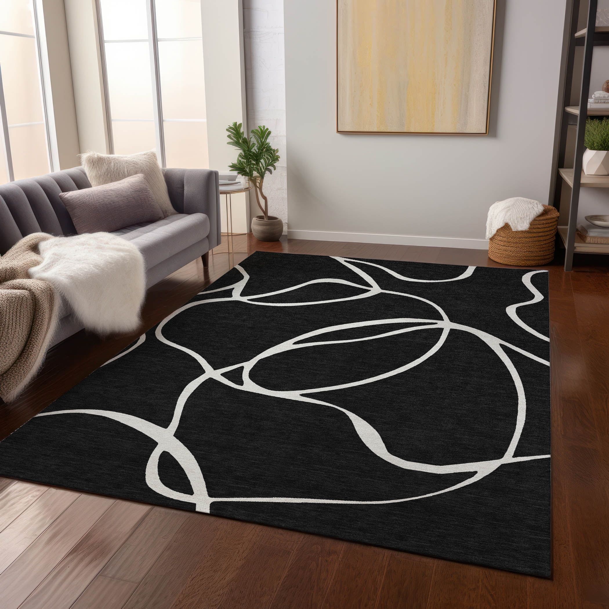 Black and White Abstract Pattern Washable Synthetic Area Rug, 5' x 7'