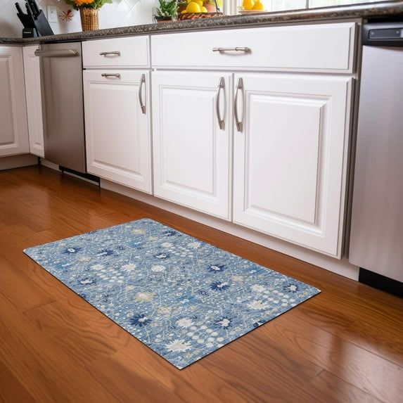 Denim Blue Flat Woven Washable Synthetic Area Rug