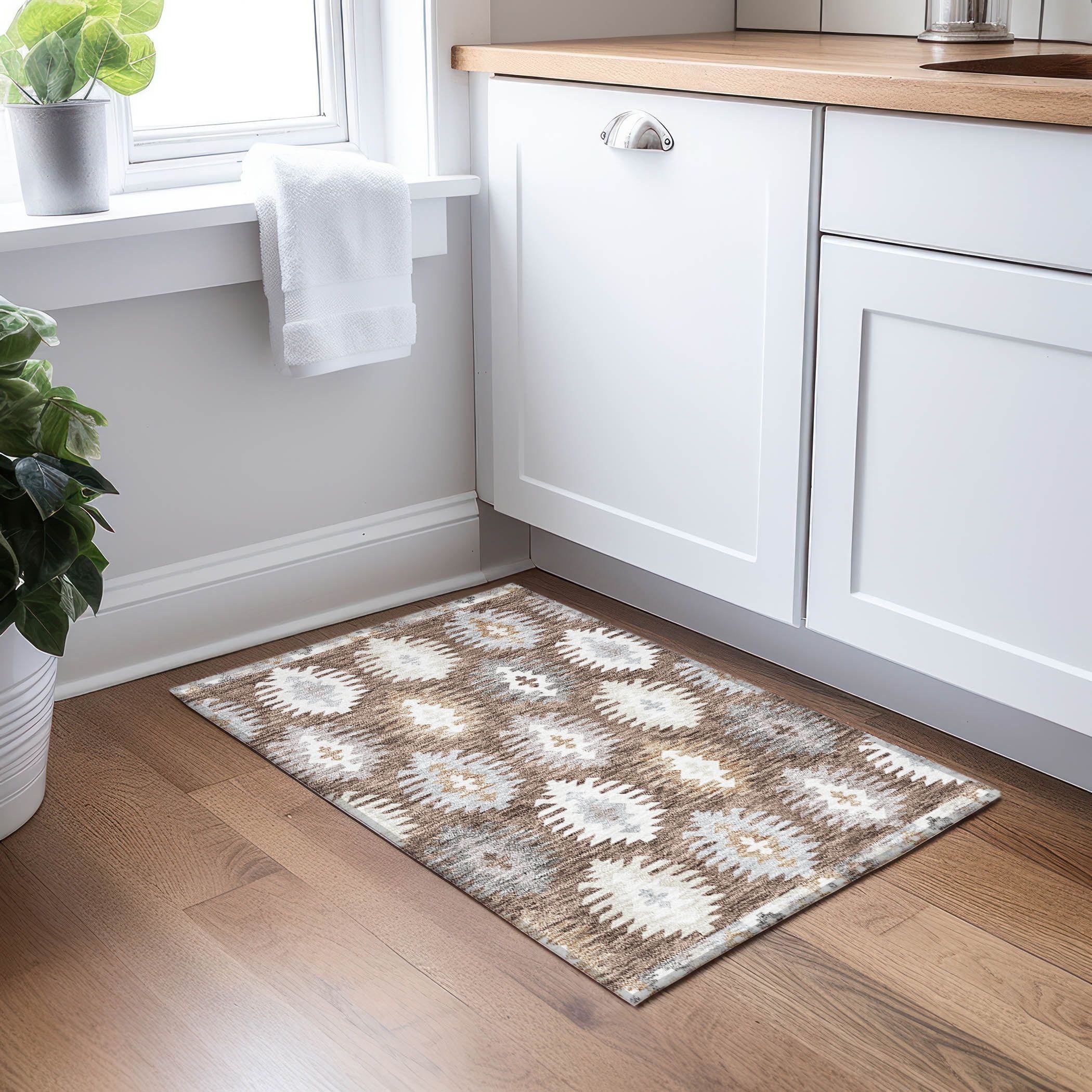 Brown and Beige Rectangular Synthetic Washable Area Rug