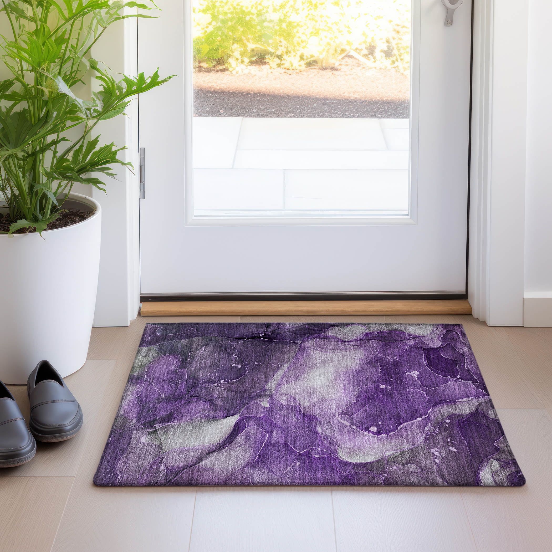 Purple Watercolor Patterned Machine Washable Synthetic Area Rug