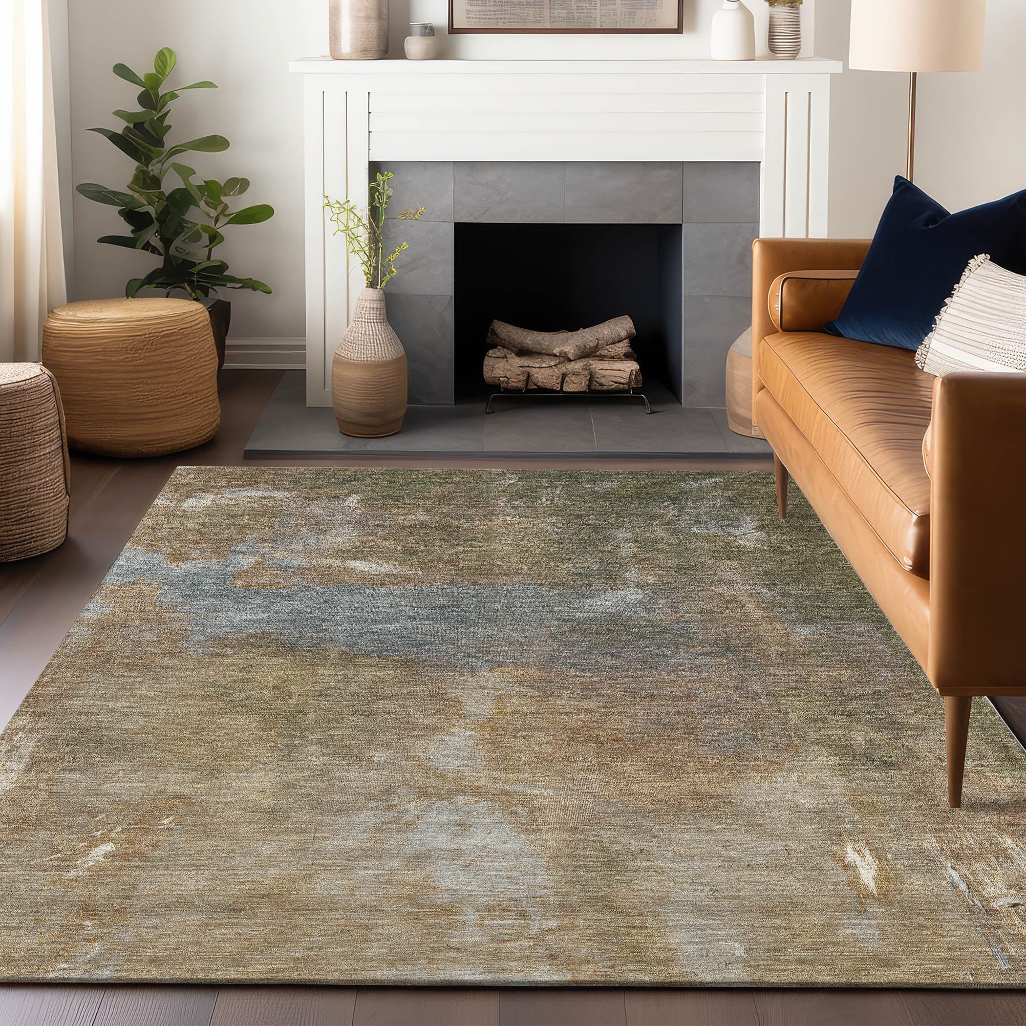 Copper and Gray Synthetic Washable Rectangular Rug 3' x 5'
