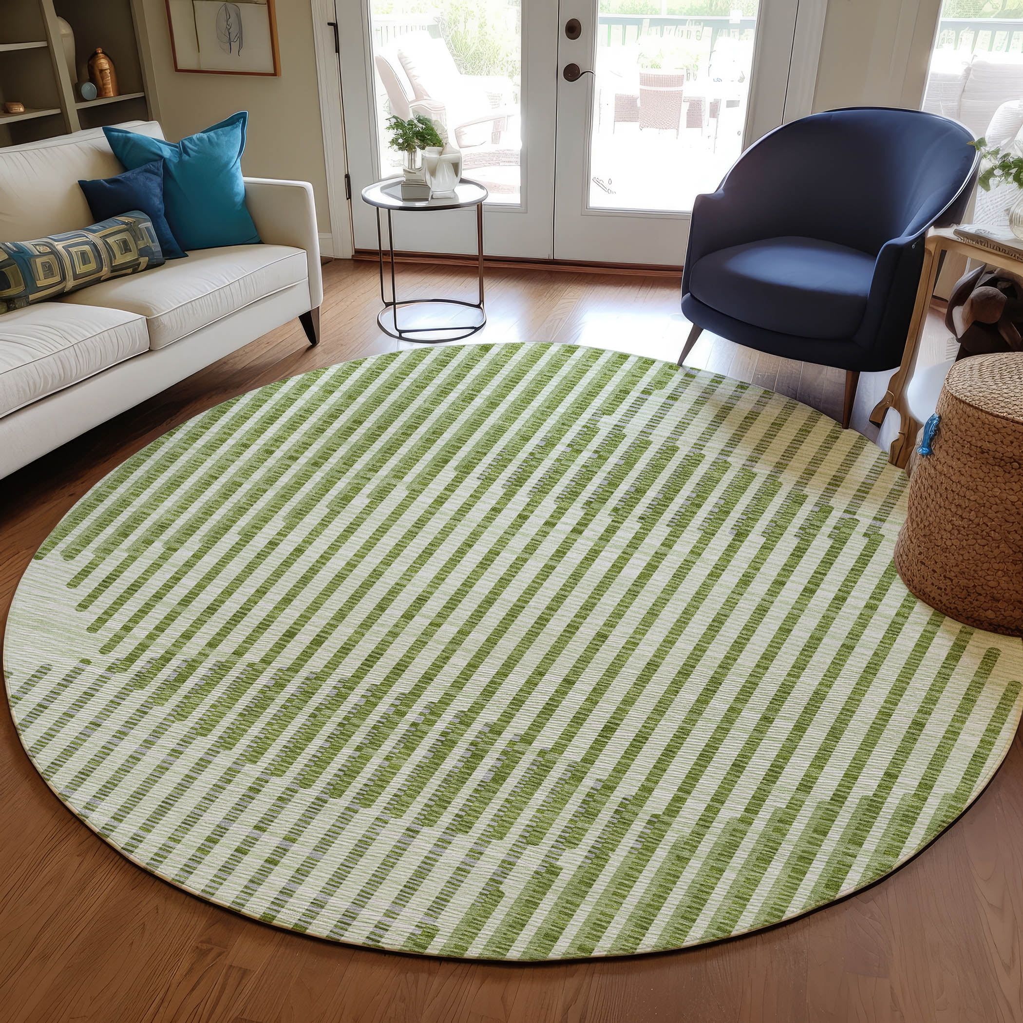 Green Flat Woven Round Synthetic Easy Care Rug