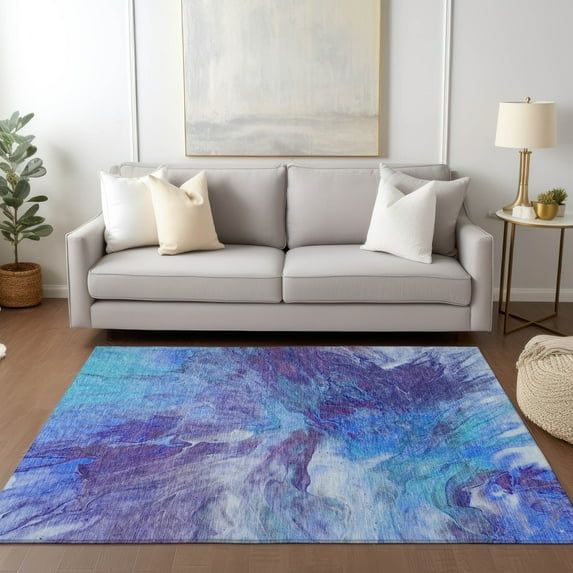 Blue Abstract Washable Synthetic 3' x 5' Area Rug