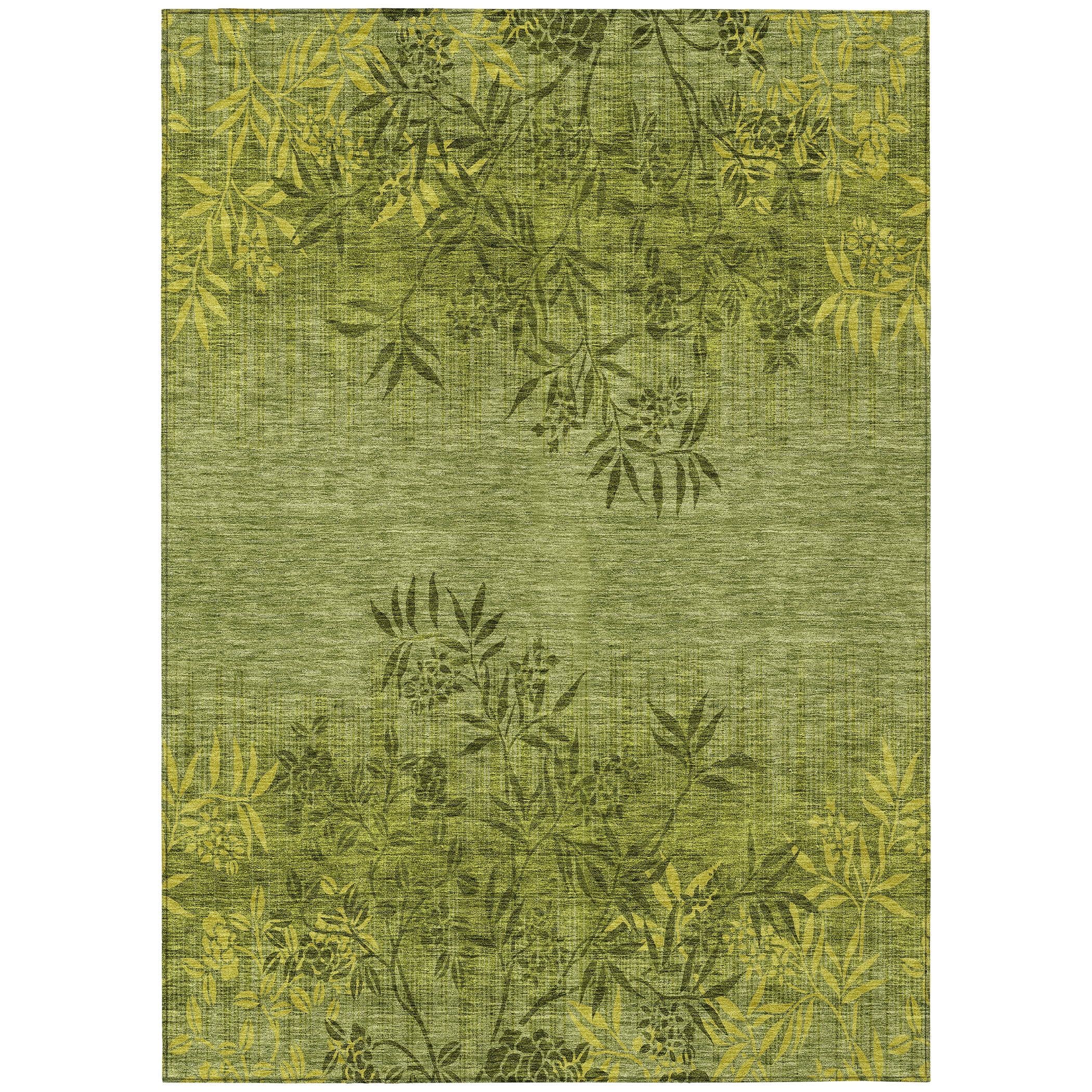 Olive Green Floral Synthetic Indoor Outdoor Area Rug