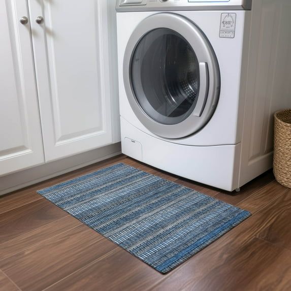 Blue and Gray Rectangular Machine Washable Synthetic Rug