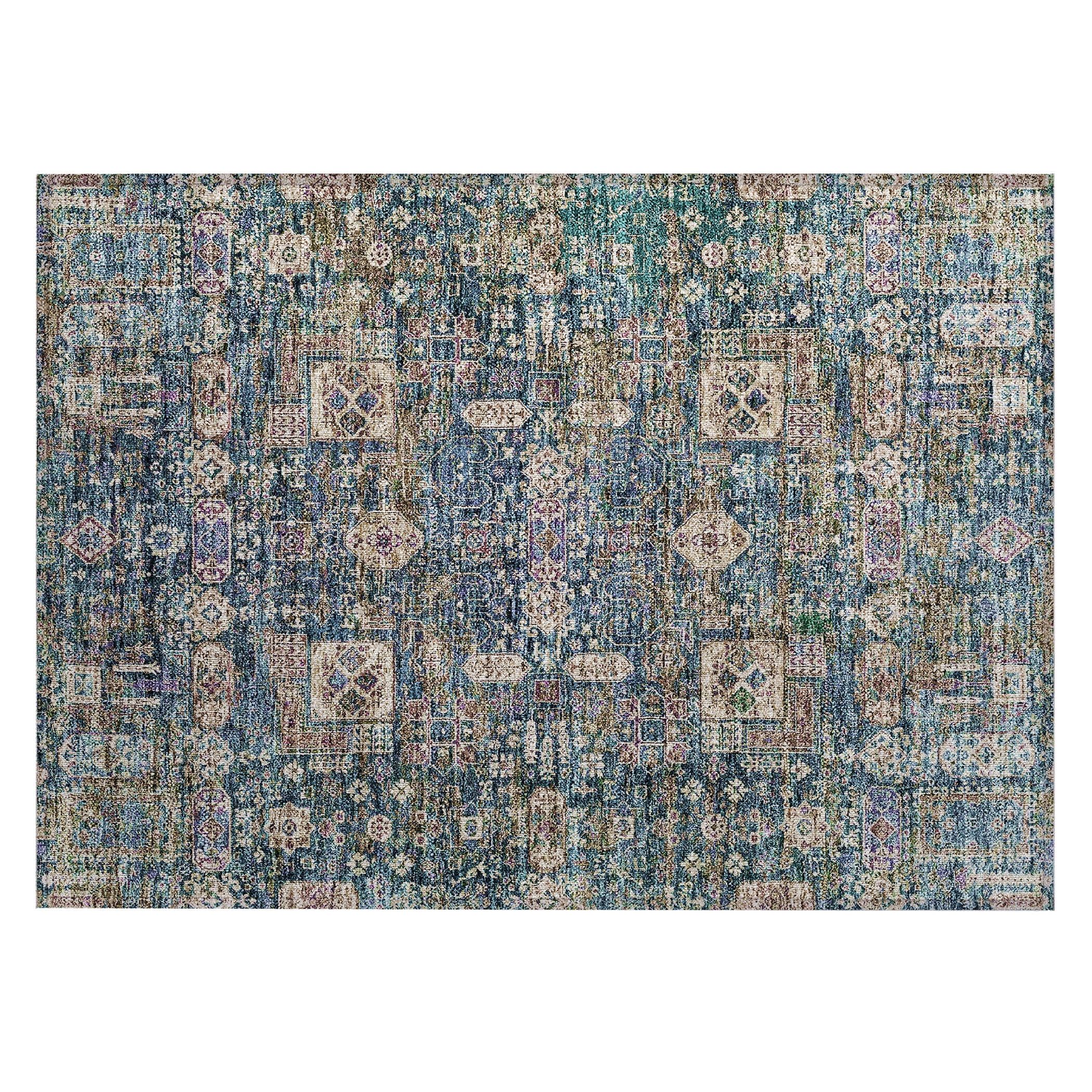 Green and Beige Rectangular Synthetic Washable Area Rug