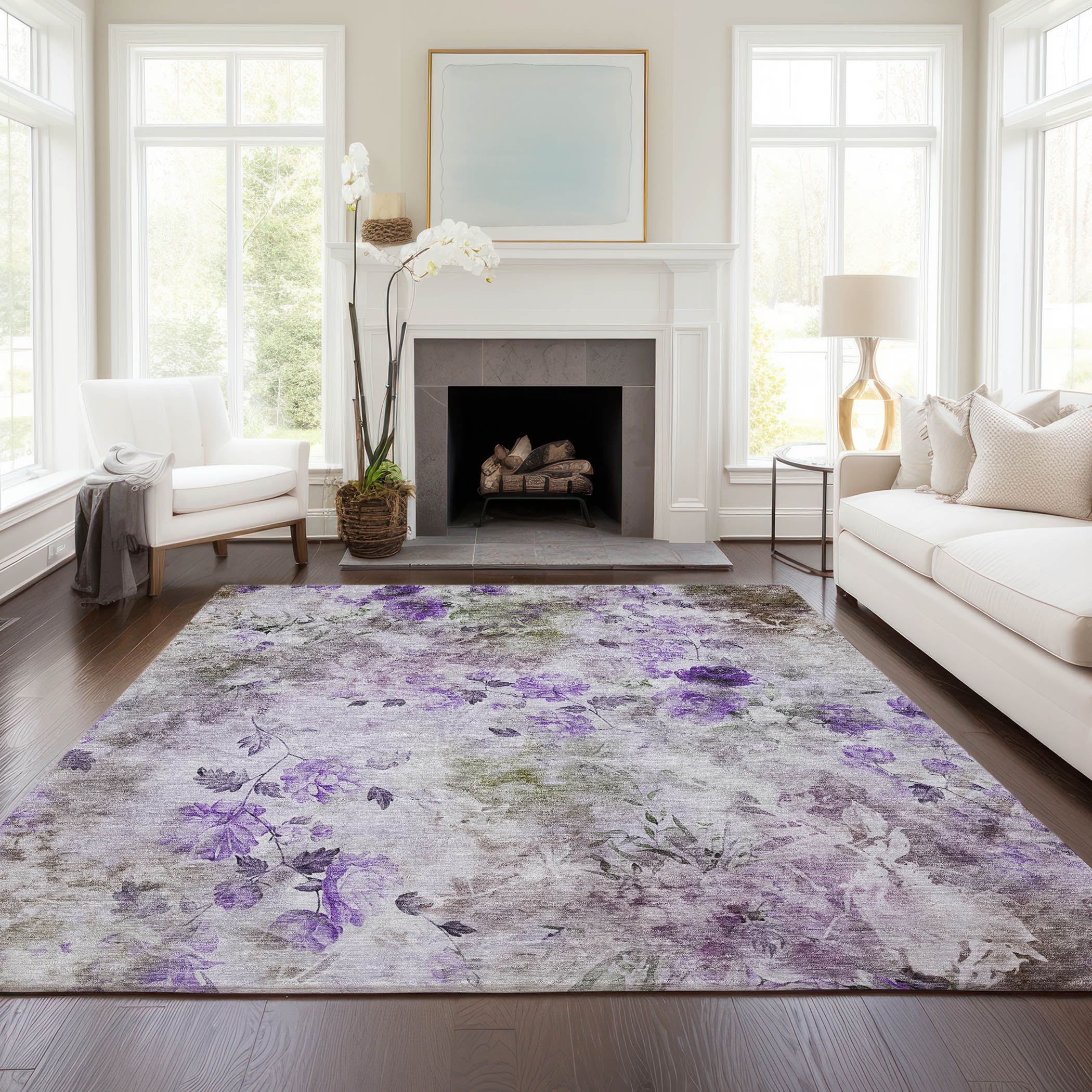 Purple Floral Synthetic 5' x 7' Washable Reversible Rug
