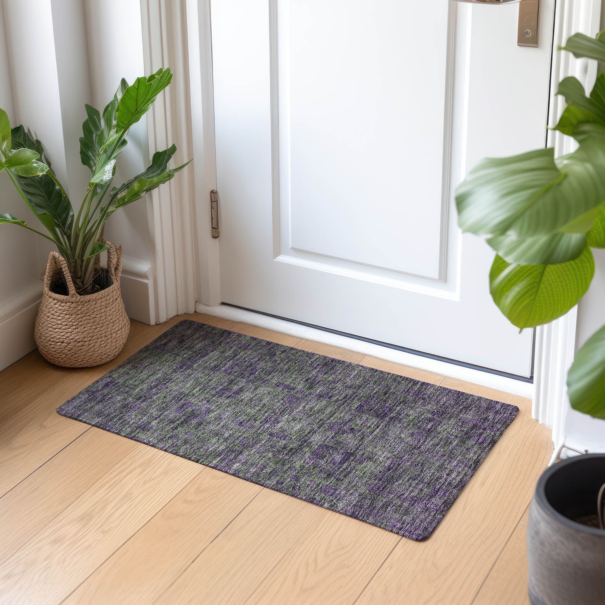 Fern Green and Purple Synthetic Flat Woven Washable Rug