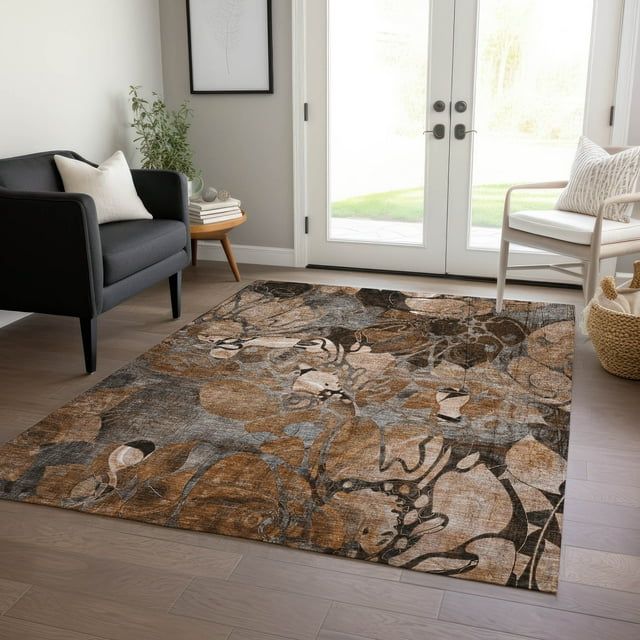 Paprika Floral Synthetic 9' x 12' Washable Area Rug