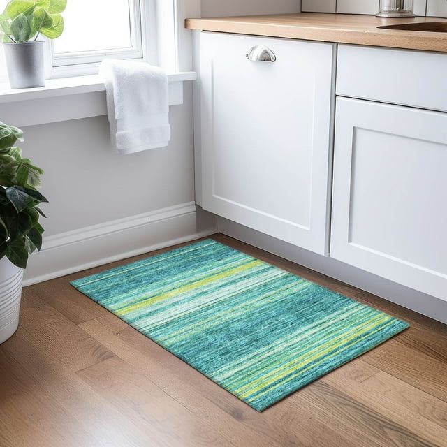 Teal Stripe Synthetic Flat Woven 10' x 14' Washable Rug
