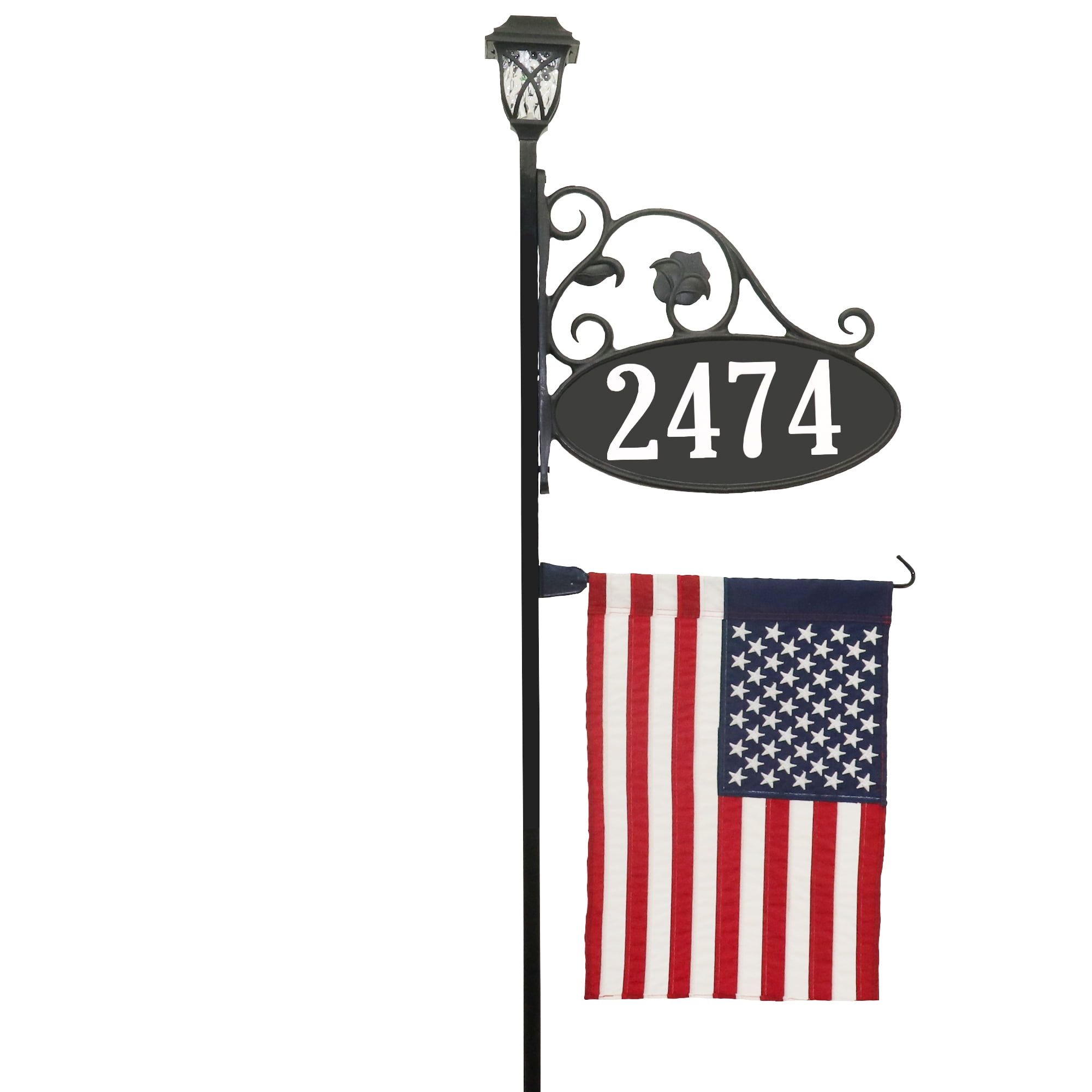 47" Black Metal and Plastic Address Sign with American Flag and Solar Light