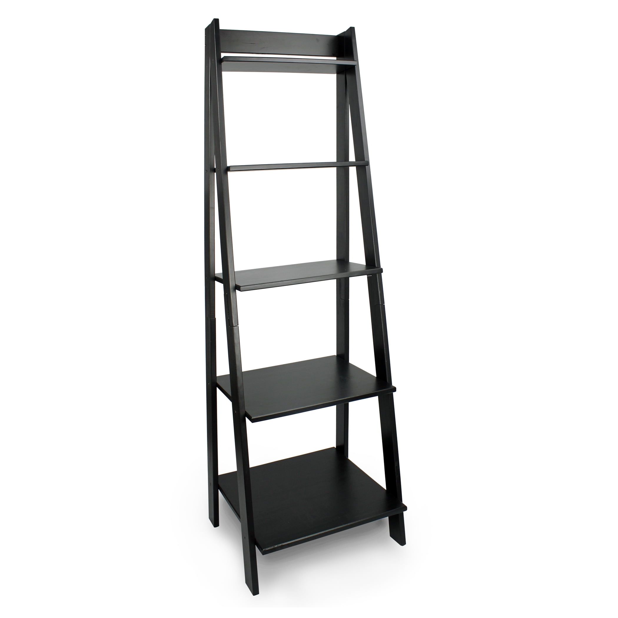 Sleek Black Solid Wood 5-Shelf Freestanding Ladder Bookcase