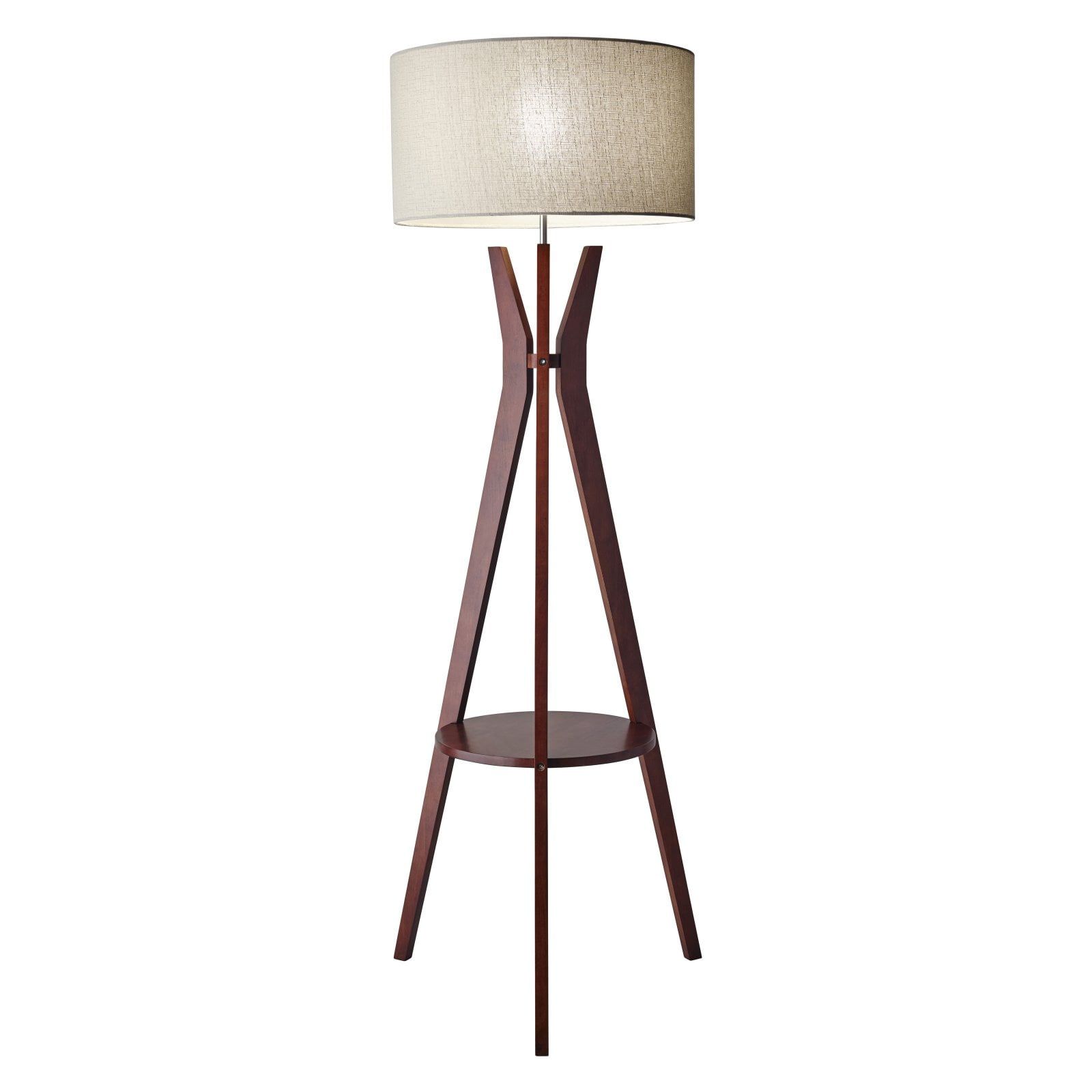 Walnut Finish Tripod Floor Lamp with Linen Shade and Shelf