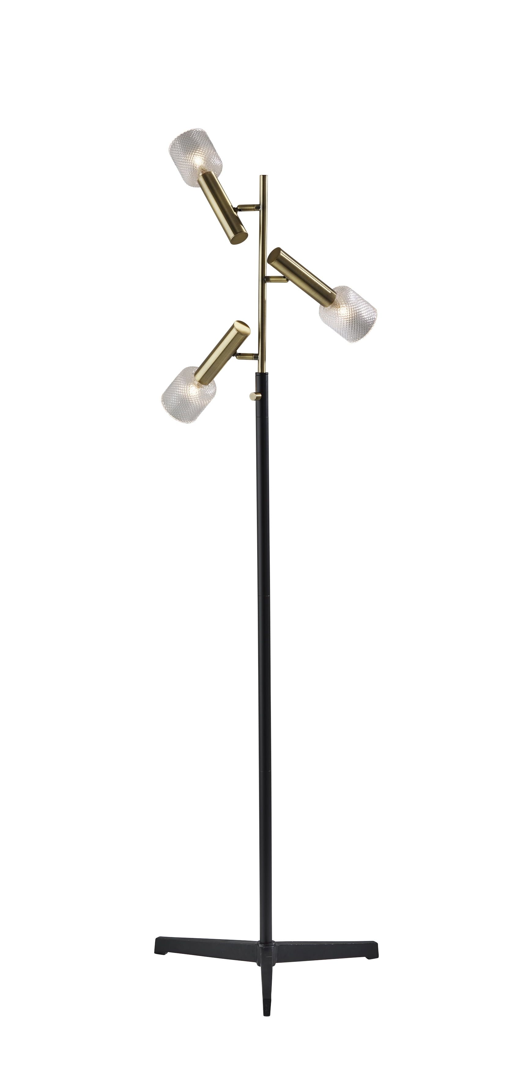 Adjustable Black and Brass Tripod Floor Lamp with Glass Shades