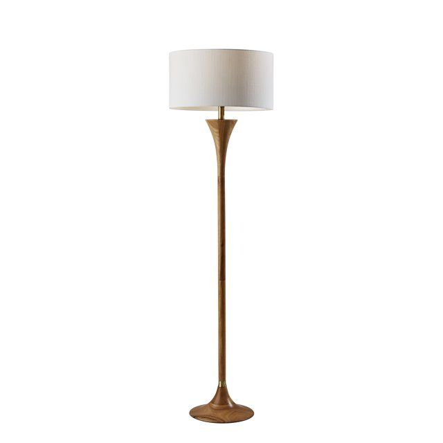 Elegant Natural Rubberwood Floor Lamp with Antique Brass Accent