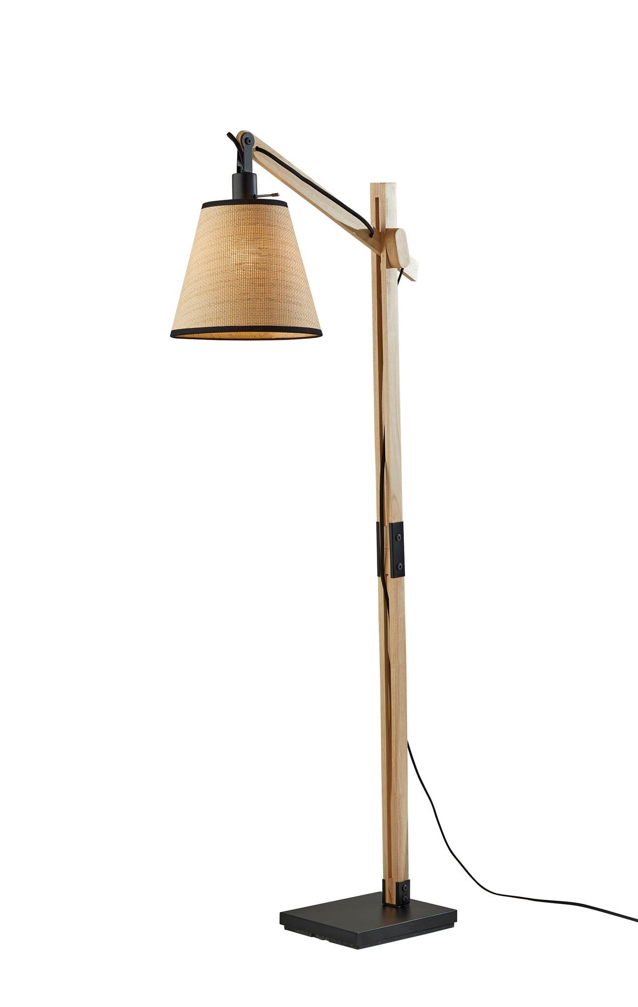 Adjustable Black Metal and Natural Wood Floor Lamp