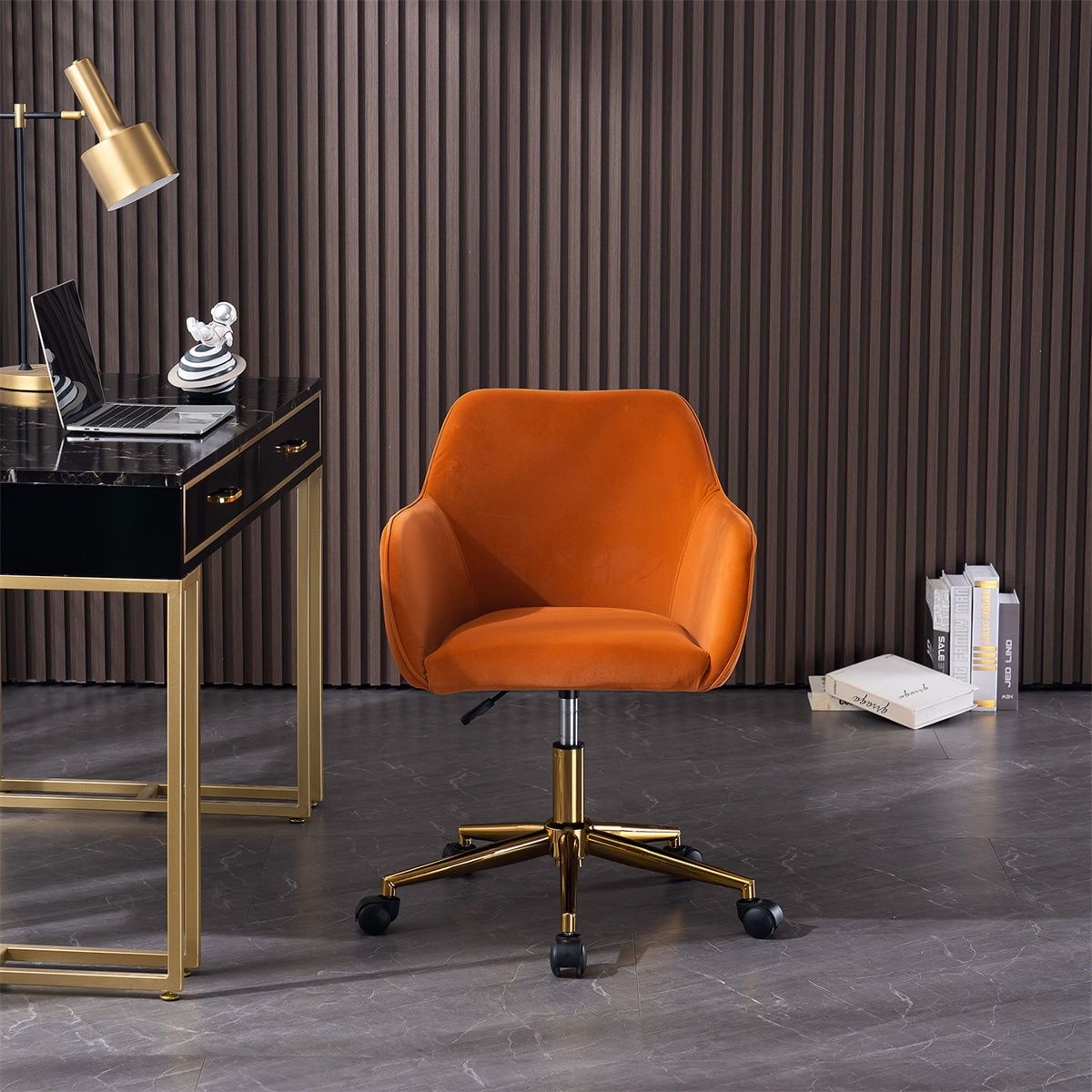 Orange Velvet Swivel Office Chair with Gold Base