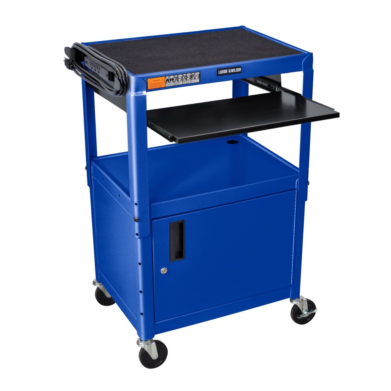 Adjustable Height Blue Steel AV Cart with Keyboard Tray and Cabinet