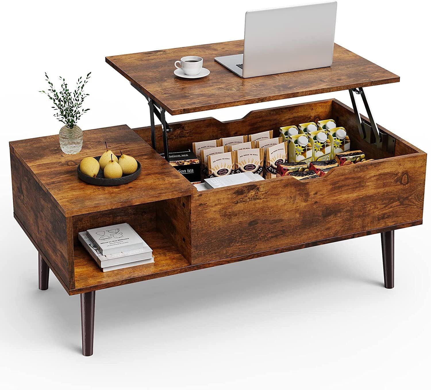 Rust Brown Lift-Top Wood Coffee Table with Storage